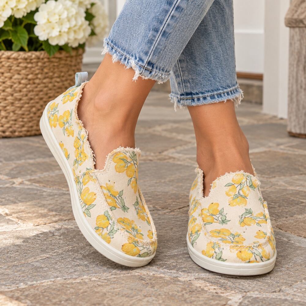 Vionic Beach Malibu Women’s 7 Lemon Print Canvas Slip On Shoes Yellow Citrus